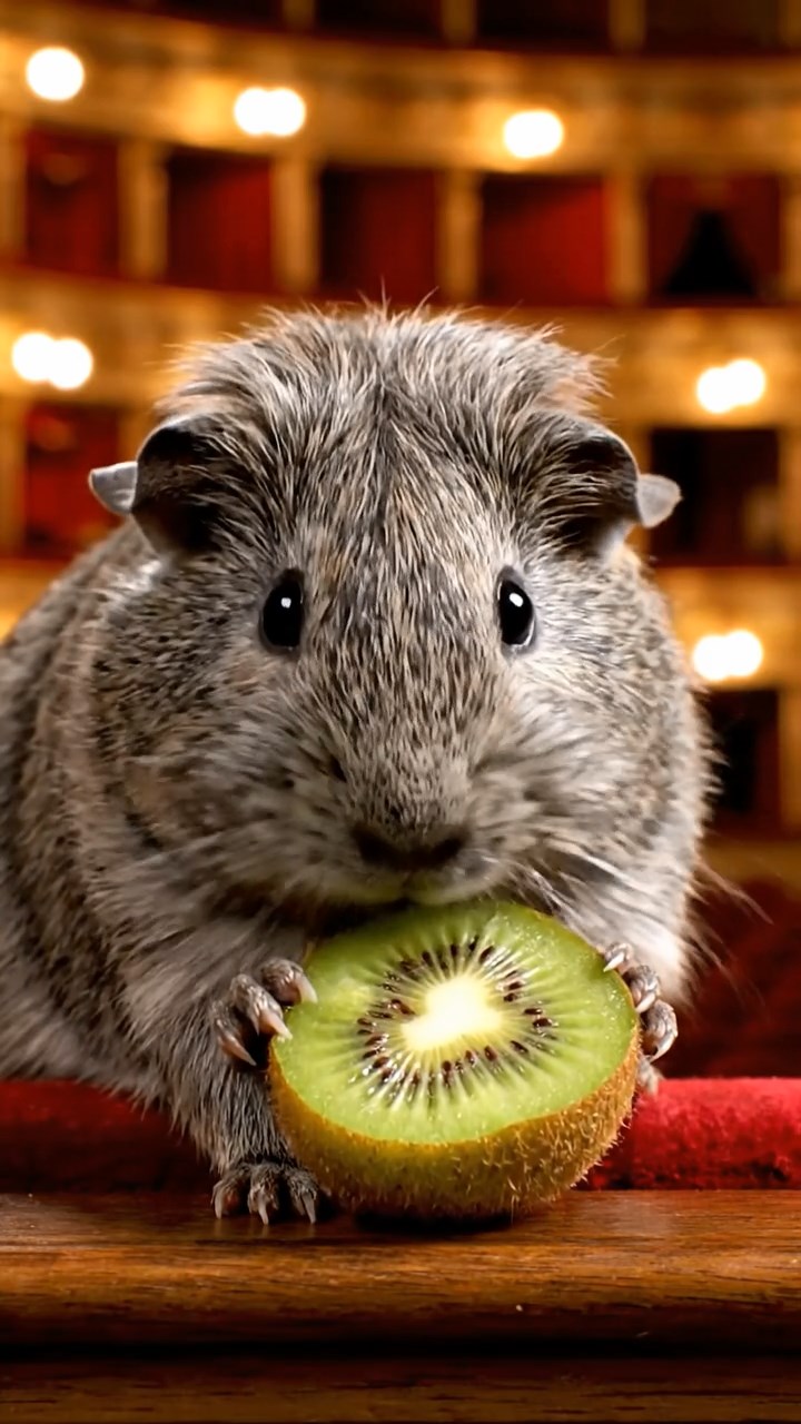 1865. Detailed image of 1 smooth-haired Teddy guinea pig with gray fur, nibbling on kiwi halves, on a theater balcony overlooking the pit.
