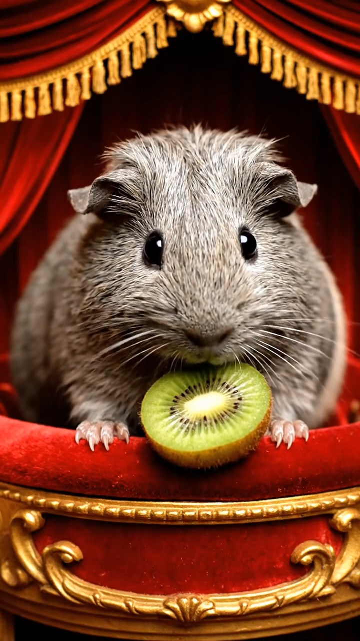 1865. Detailed image of 1 smooth-haired Teddy guinea pig with gray fur, nibbling on kiwi halves, on a theater balcony overlooking the pit.
