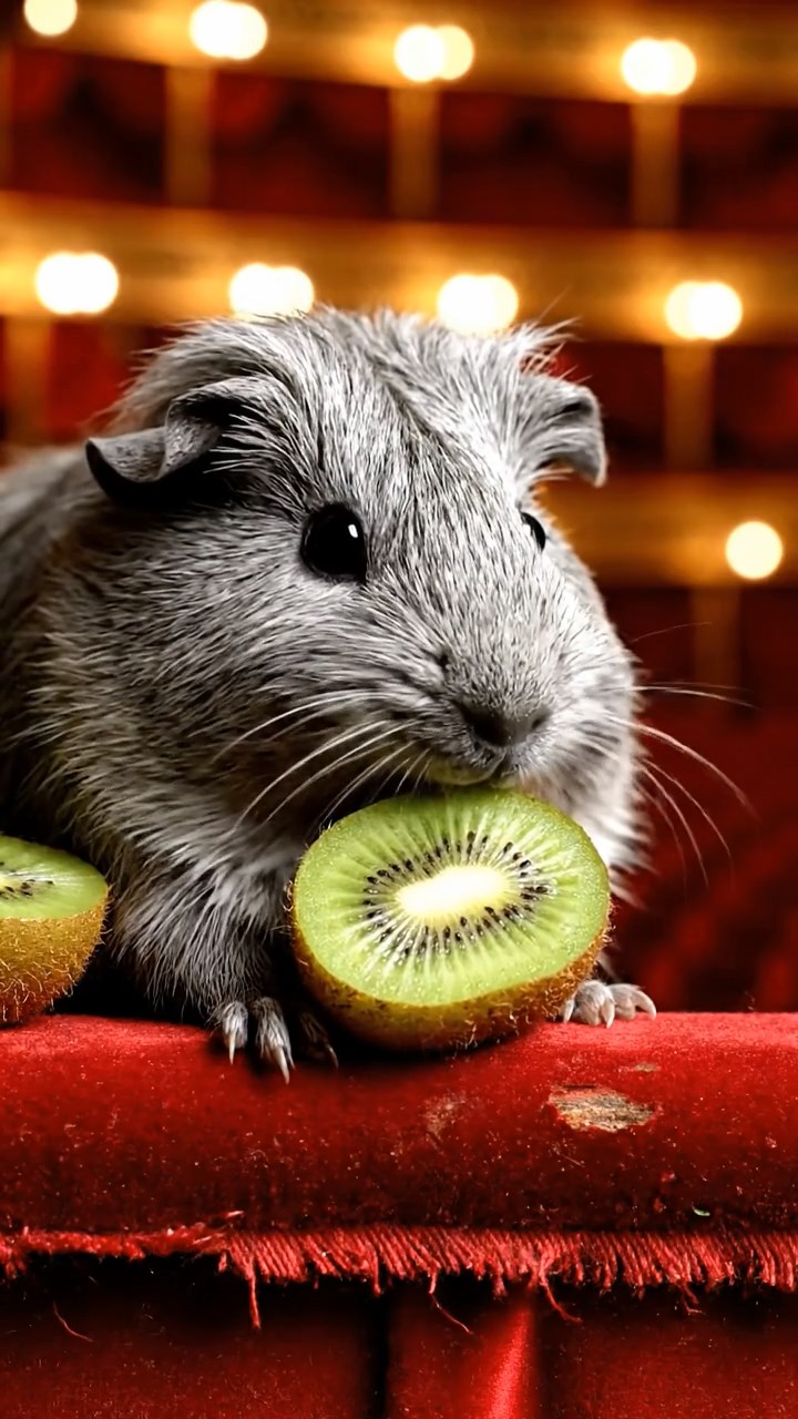 1865. Detailed image of 1 smooth-haired Teddy guinea pig with gray fur, nibbling on kiwi halves, on a theater balcony overlooking the pit.