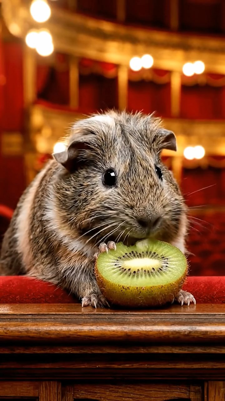 1865. Detailed image of 1 smooth-haired Teddy guinea pig with gray fur, nibbling on kiwi halves, on a theater balcony overlooking the pit.