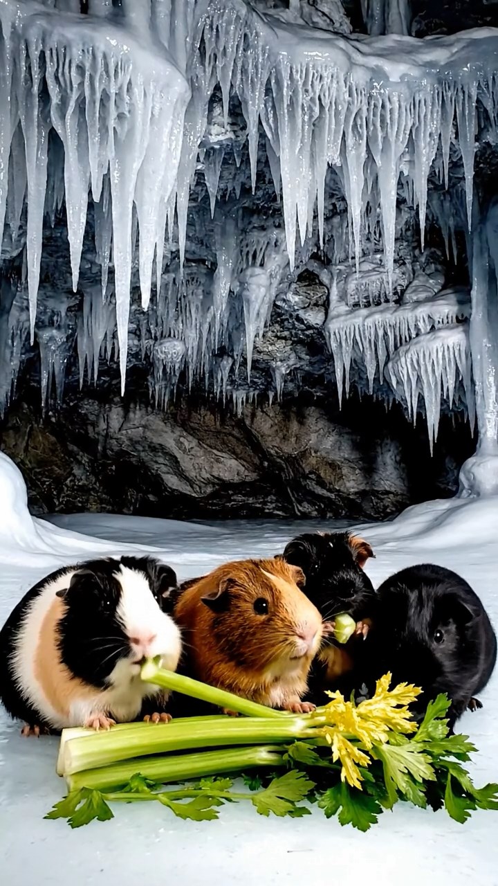 1866. Photorealistic scene of 4 smooth-haired Texel guinea pigs featuring black, brown, and cream coats, chewing on celery bunches, within a frozen cavern with stalactites.