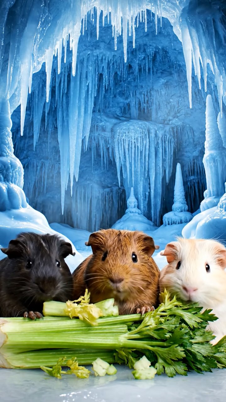 1866. Photorealistic scene of 4 smooth-haired Texel guinea pigs featuring black, brown, and cream coats, chewing on celery bunches, within a frozen cavern with stalactites.
