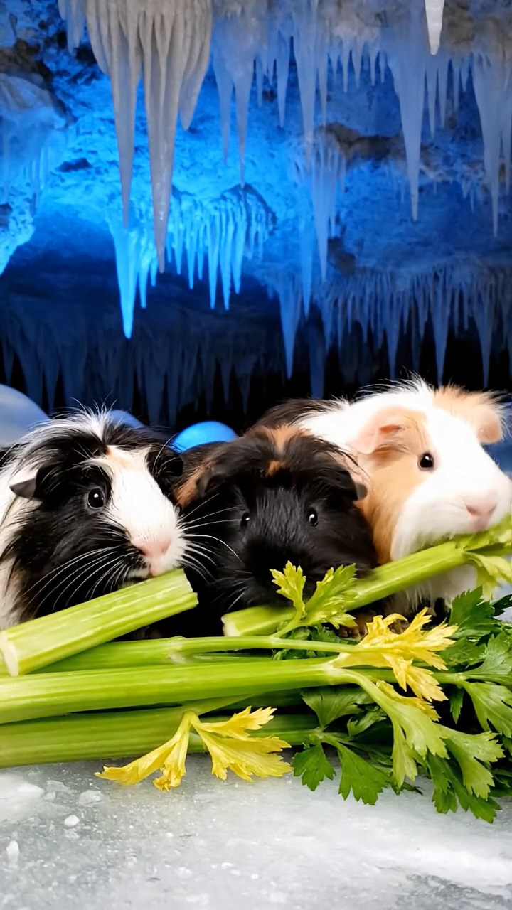 1866. Photorealistic scene of 4 smooth-haired Texel guinea pigs featuring black, brown, and cream coats, chewing on celery bunches, within a frozen cavern with stalactites.