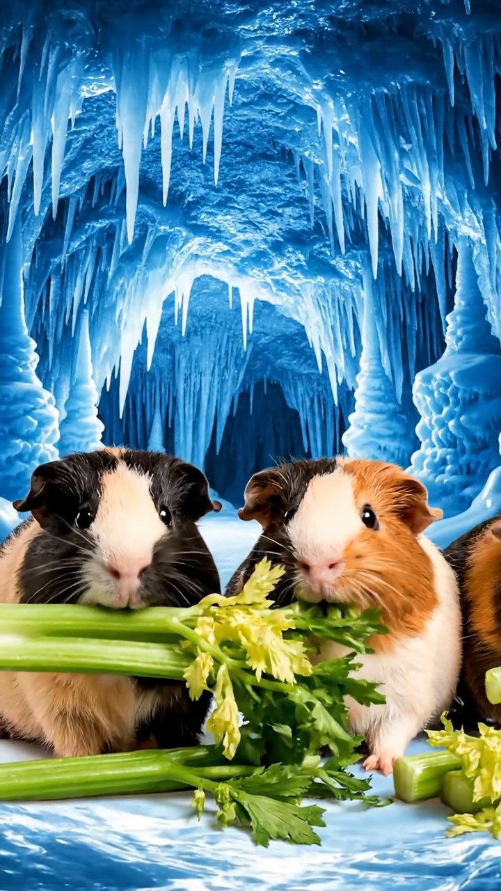 1866. Photorealistic scene of 4 smooth-haired Texel guinea pigs featuring black, brown, and cream coats, chewing on celery bunches, within a frozen cavern with stalactites.