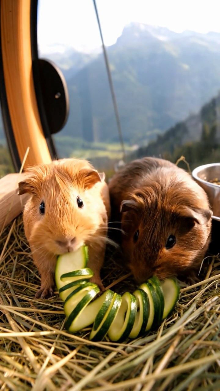 1867. Realistic photo of 2 smooth-haired Rex guinea pigs with fawn and chocolate fur, sharing zucchini spirals, in a aerial lift cabin with views.
