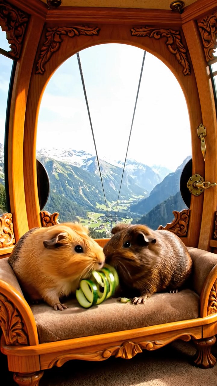 1867. Realistic photo of 2 smooth-haired Rex guinea pigs with fawn and chocolate fur, sharing zucchini spirals, in a aerial lift cabin with views.