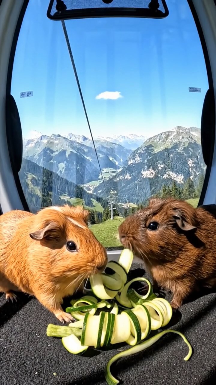 1867. Realistic photo of 2 smooth-haired Rex guinea pigs with fawn and chocolate fur, sharing zucchini spirals, in a aerial lift cabin with views.