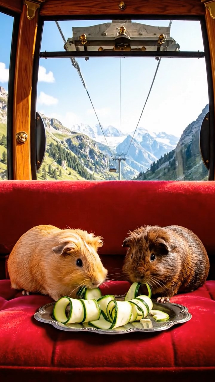 1867. Realistic photo of 2 smooth-haired Rex guinea pigs with fawn and chocolate fur, sharing zucchini spirals, in a aerial lift cabin with views.