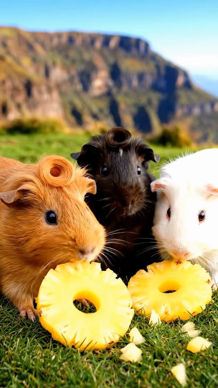 1868. Highly detailed view of 3 smooth-haired Coronet guinea pigs in cinnamon, sable, and white colors, munching on pineapple rings, near a crater rim overlook.