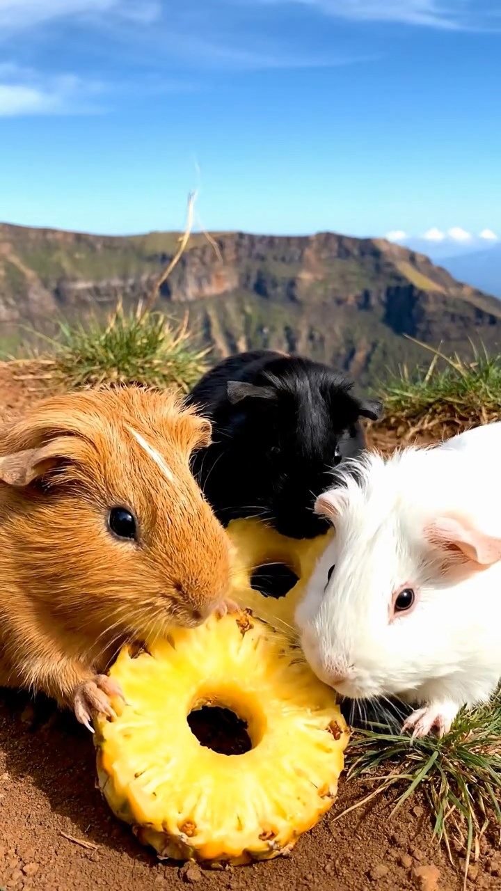 1868. Highly detailed view of 3 smooth-haired Coronet guinea pigs in cinnamon, sable, and white colors, munching on pineapple rings, near a crater rim overlook.