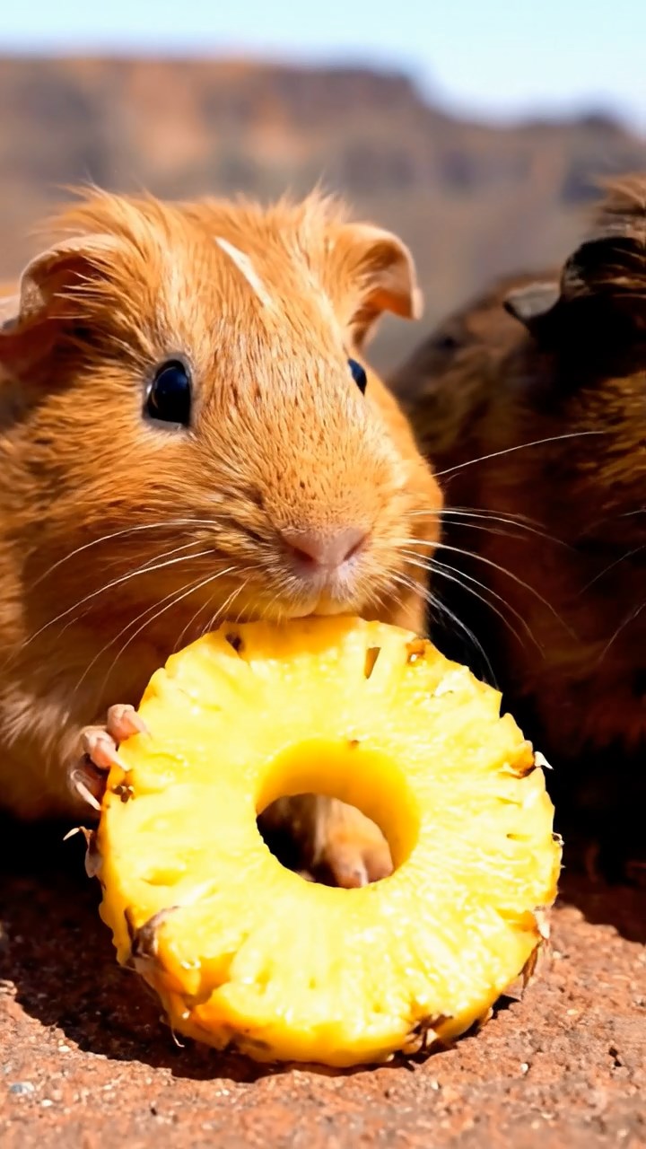 1868. Highly detailed view of 3 smooth-haired Coronet guinea pigs in cinnamon, sable, and white colors, munching on pineapple rings, near a crater rim overlook.
