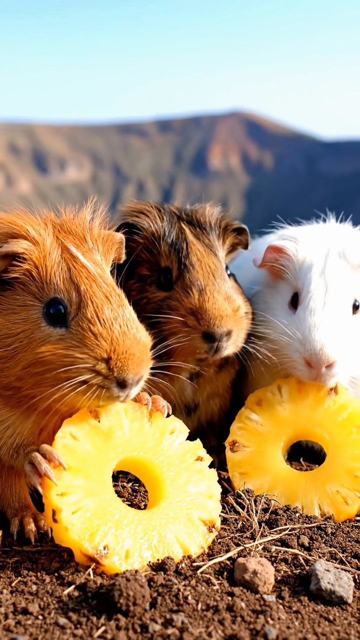 1868. Highly detailed view of 3 smooth-haired Coronet guinea pigs in cinnamon, sable, and white colors, munching on pineapple rings, near a crater rim overlook.