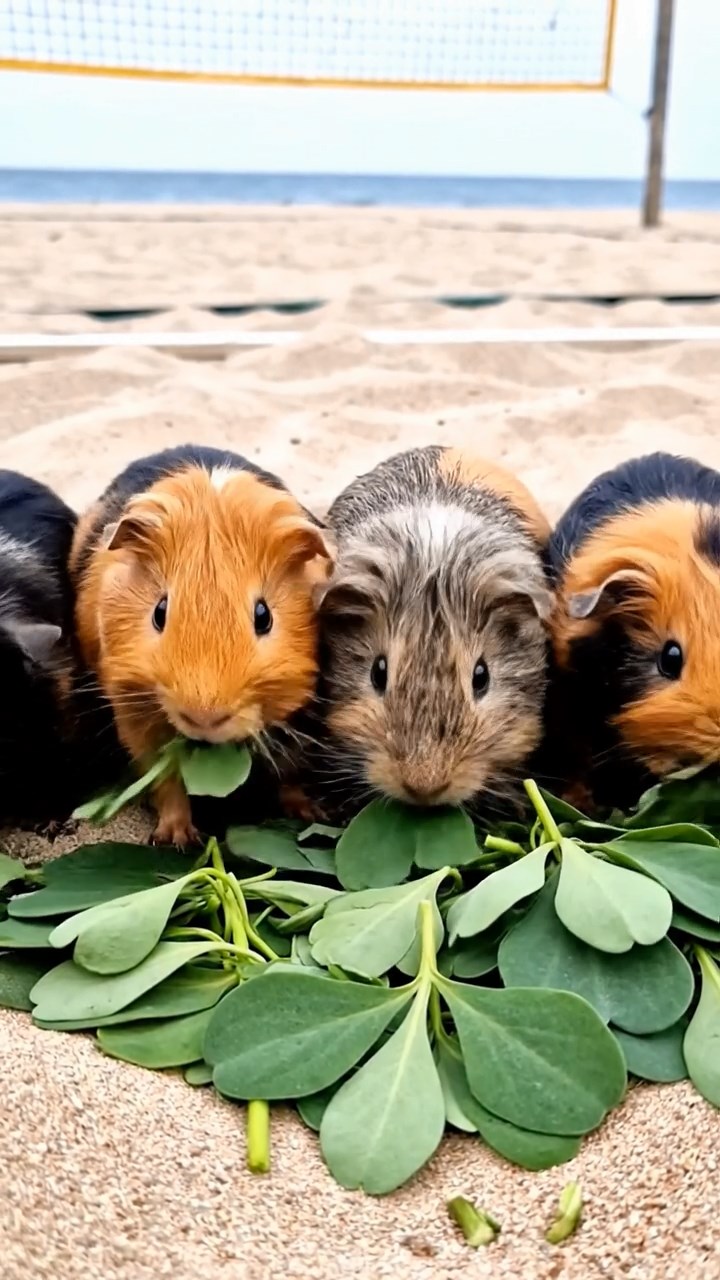 1869. Photorealistic image of 5 smooth-haired White Crested guinea pigs with orange, gray, and black fur, eating alfalfa leaves, on a beach sports court.