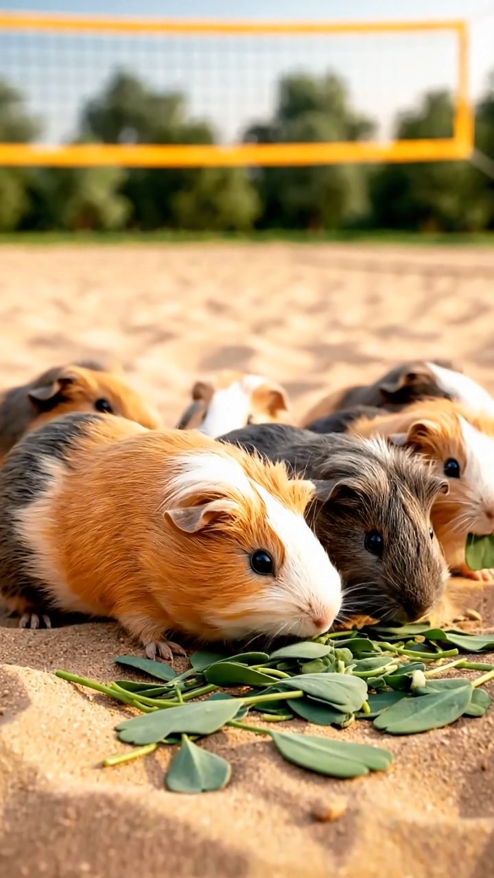 1869. Photorealistic image of 5 smooth-haired White Crested guinea pigs with orange, gray, and black fur, eating alfalfa leaves, on a beach sports court.
