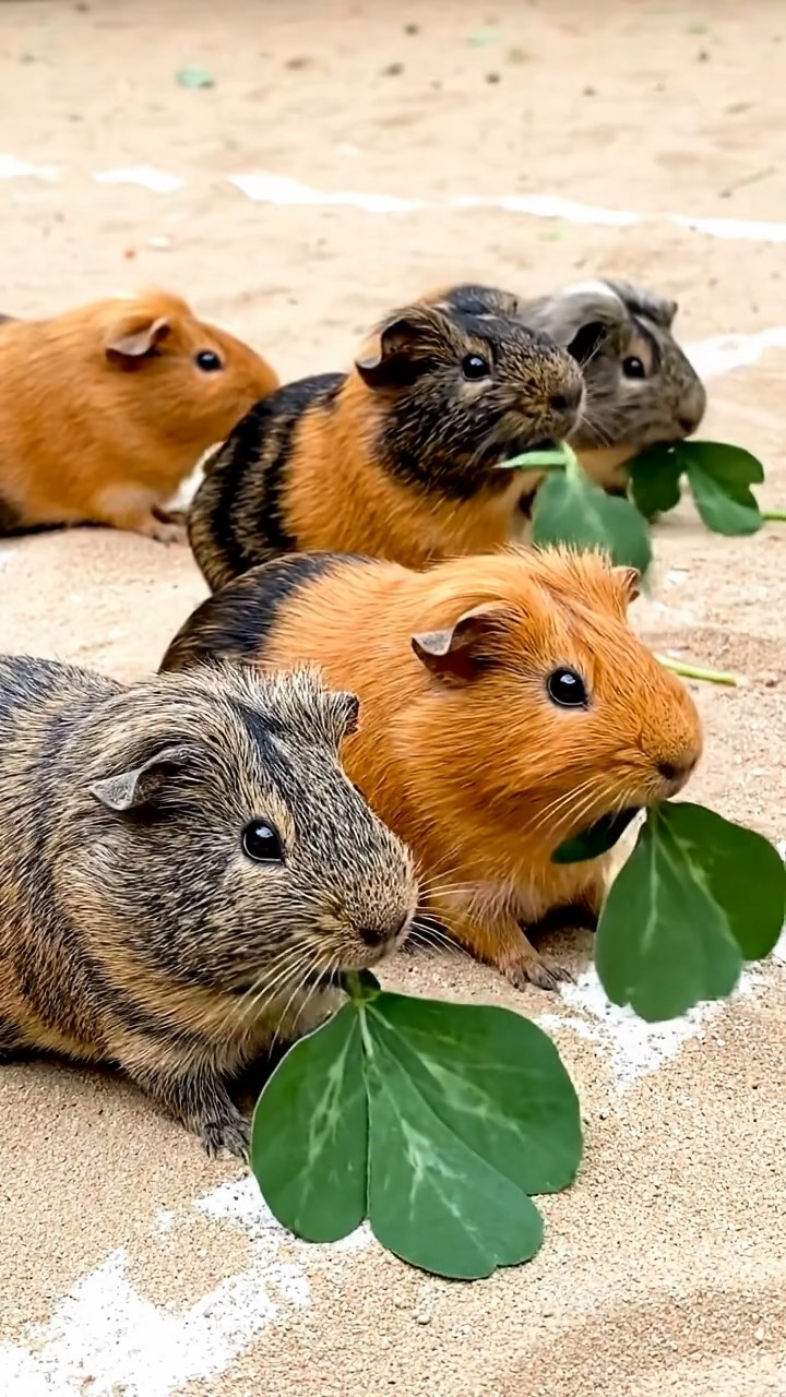 1869. Photorealistic image of 5 smooth-haired White Crested guinea pigs with orange, gray, and black fur, eating alfalfa leaves, on a beach sports court.
