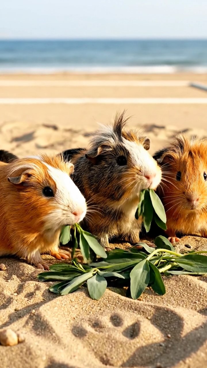 1869. Photorealistic image of 5 smooth-haired White Crested guinea pigs with orange, gray, and black fur, eating alfalfa leaves, on a beach sports court.