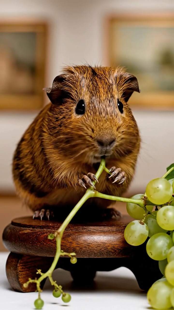 1870. Realistic depiction of 1 smooth-haired Skinny guinea pig with brown fur, nibbling on grape stems, atop a gallery art stand.