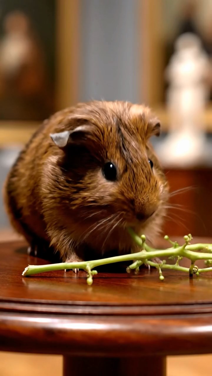 1870. Realistic depiction of 1 smooth-haired Skinny guinea pig with brown fur, nibbling on grape stems, atop a gallery art stand.