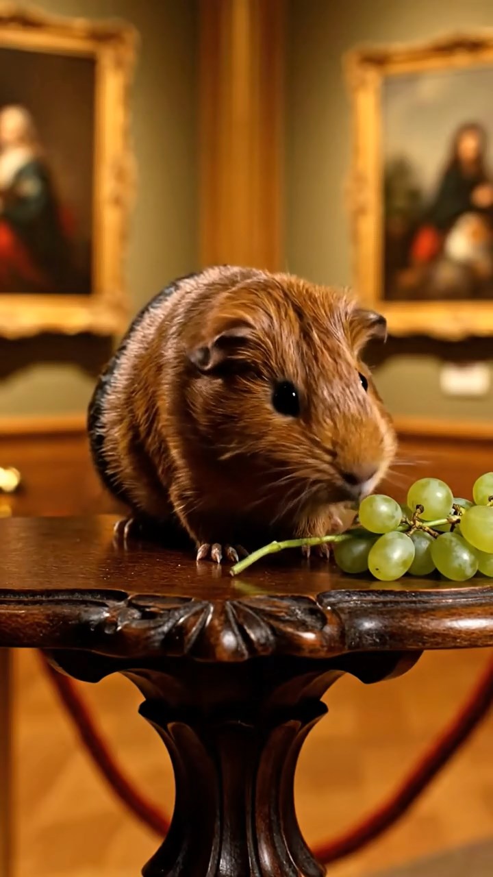 1870. Realistic depiction of 1 smooth-haired Skinny guinea pig with brown fur, nibbling on grape stems, atop a gallery art stand.