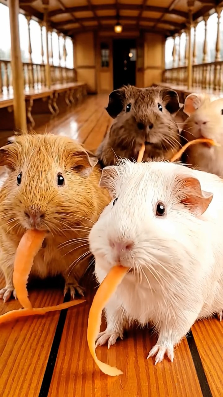 1871. Detailed scene of 4 smooth-haired American guinea pigs featuring cream, fawn, and chocolate coats, chewing on carrot peels, on a riverboat sundeck.