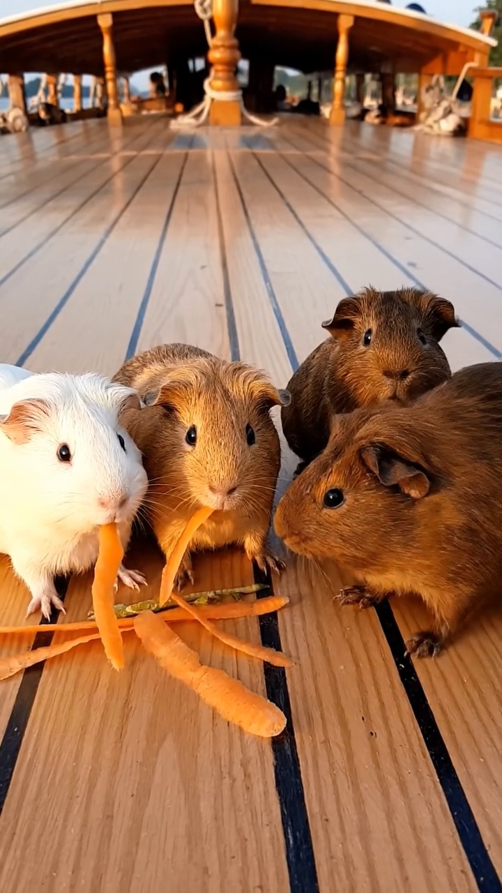 1871. Detailed scene of 4 smooth-haired American guinea pigs featuring cream, fawn, and chocolate coats, chewing on carrot peels, on a riverboat sundeck.