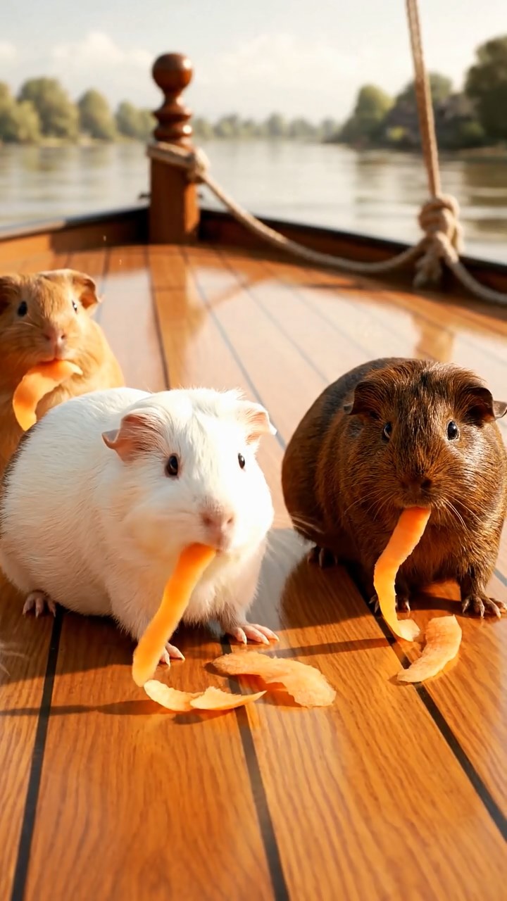 1871. Detailed scene of 4 smooth-haired American guinea pigs featuring cream, fawn, and chocolate coats, chewing on carrot peels, on a riverboat sundeck.