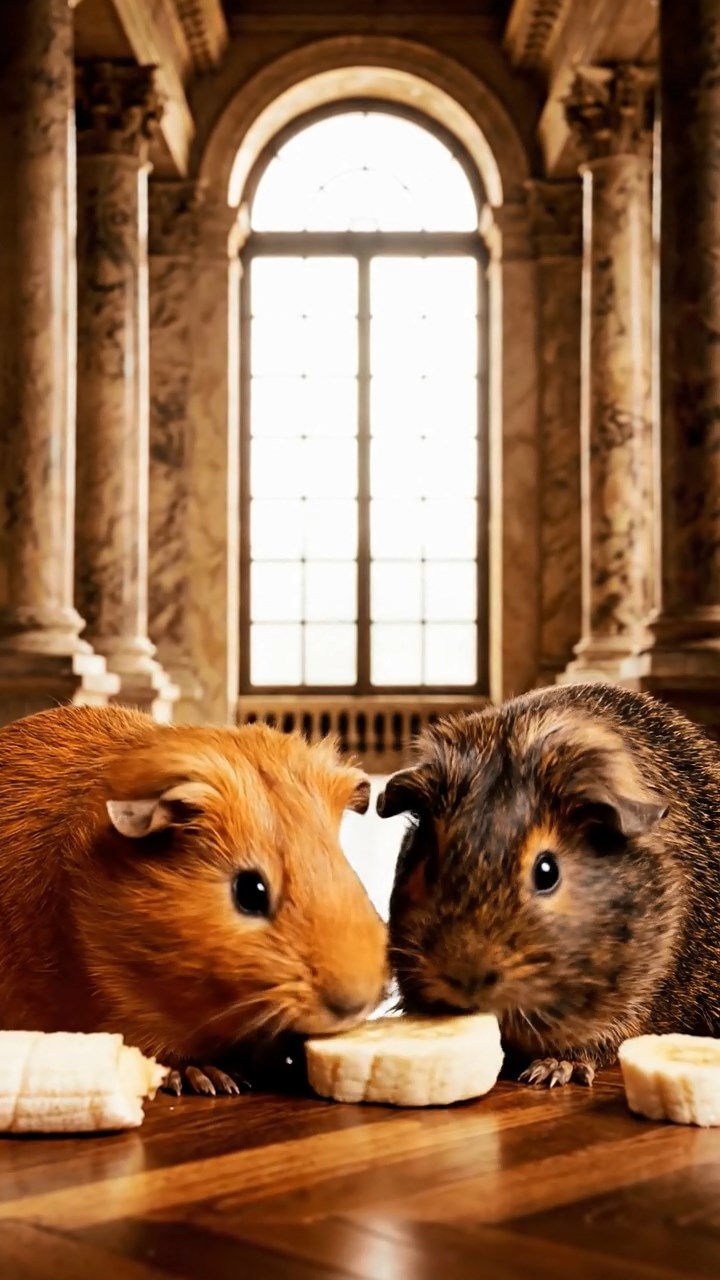 1872. Photorealistic photo of 2 smooth-haired Abyssinian guinea pigs with cinnamon and sable fur, sharing banana slices, inside a historic hall with columns.