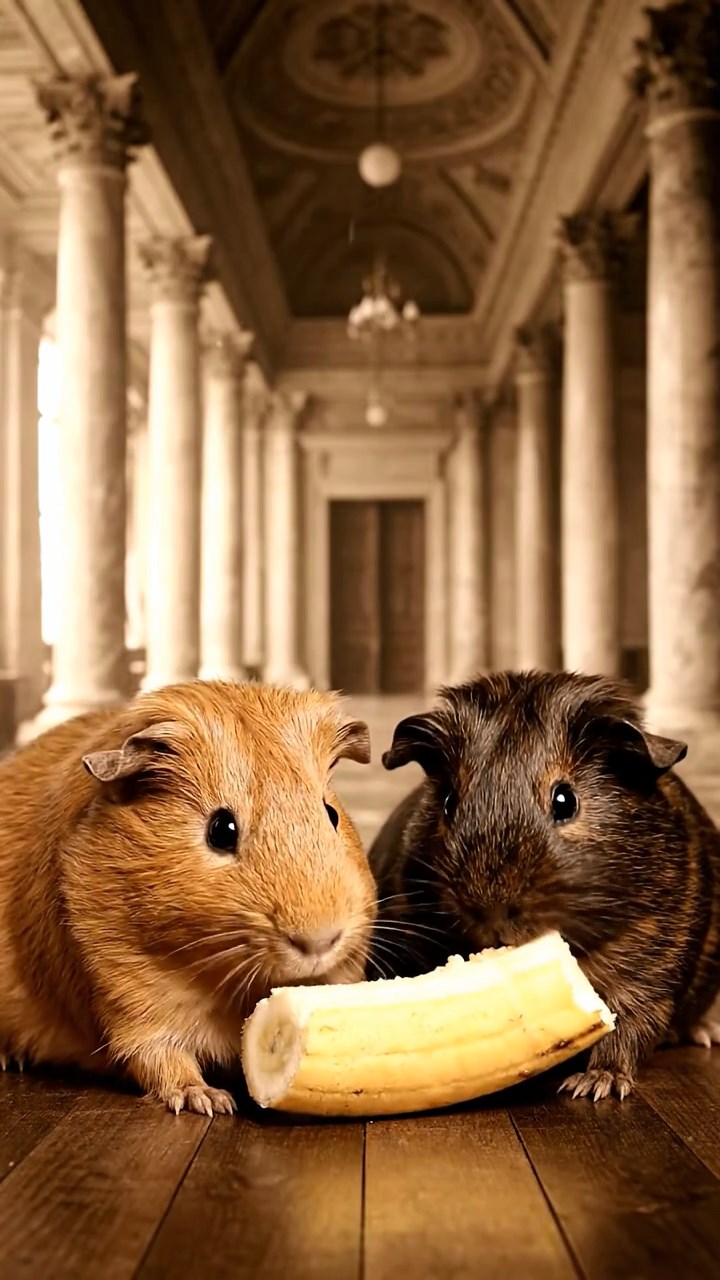 1872. Photorealistic photo of 2 smooth-haired Abyssinian guinea pigs with cinnamon and sable fur, sharing banana slices, inside a historic hall with columns.