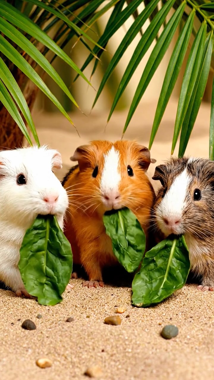 1873. Realistic image of 3 smooth-haired Peruvian guinea pigs with white, orange, and gray fur, munching on spinach leaves, under a palm oasis shade.