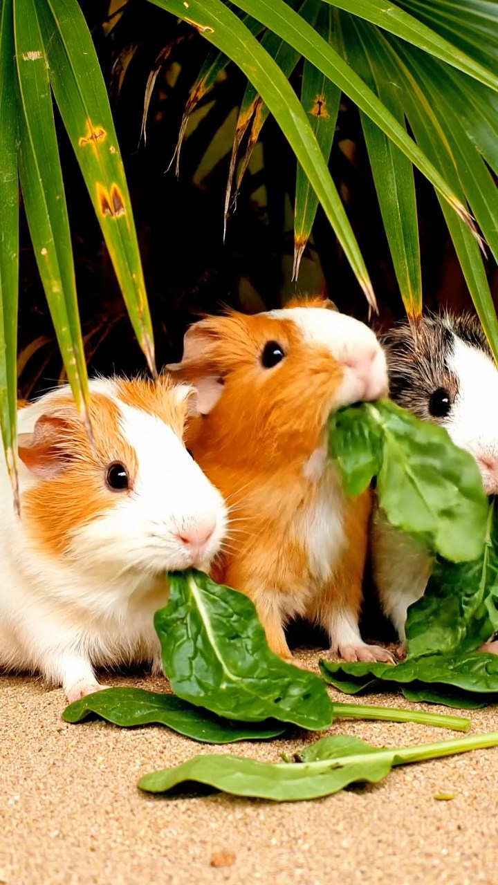 1873. Realistic image of 3 smooth-haired Peruvian guinea pigs with white, orange, and gray fur, munching on spinach leaves, under a palm oasis shade.
