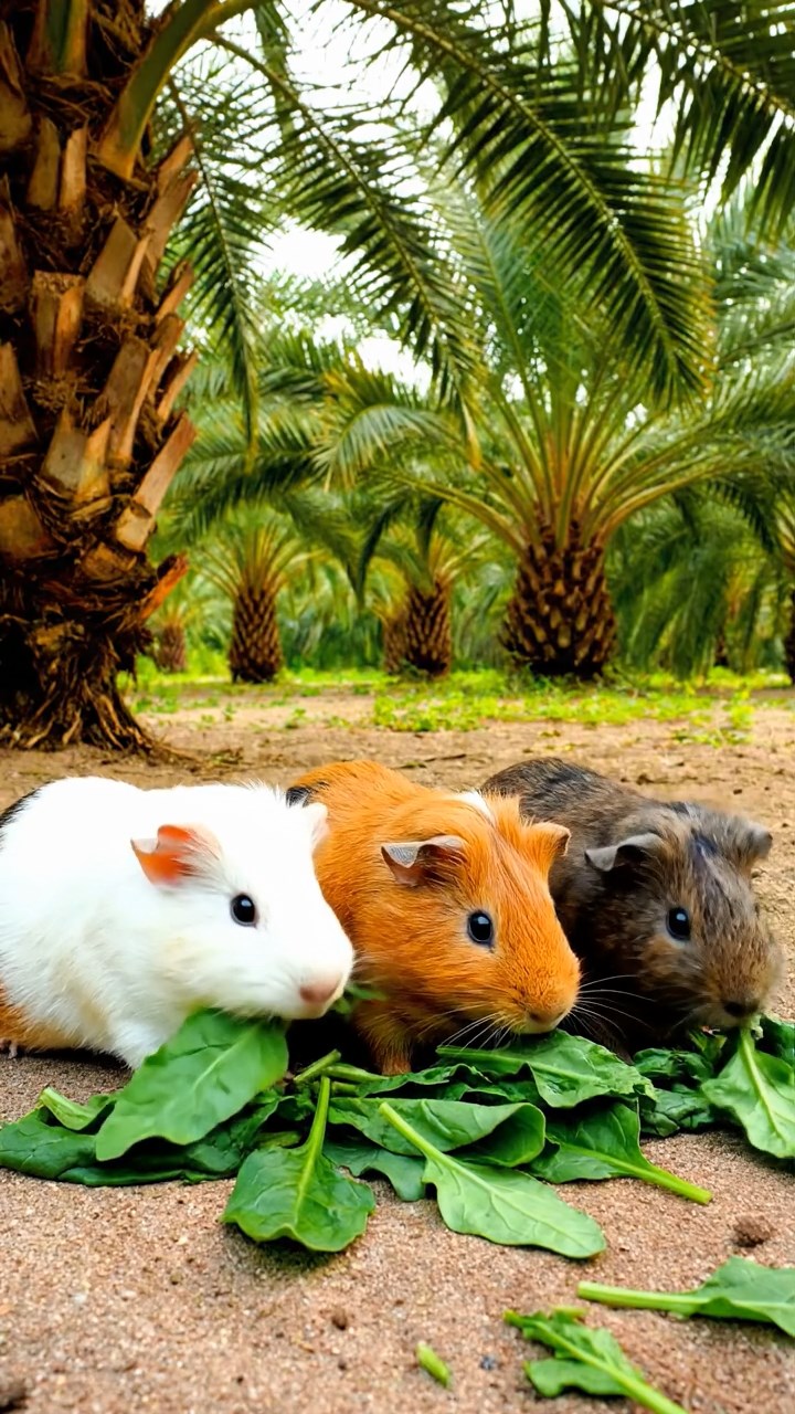 1873. Realistic image of 3 smooth-haired Peruvian guinea pigs with white, orange, and gray fur, munching on spinach leaves, under a palm oasis shade.