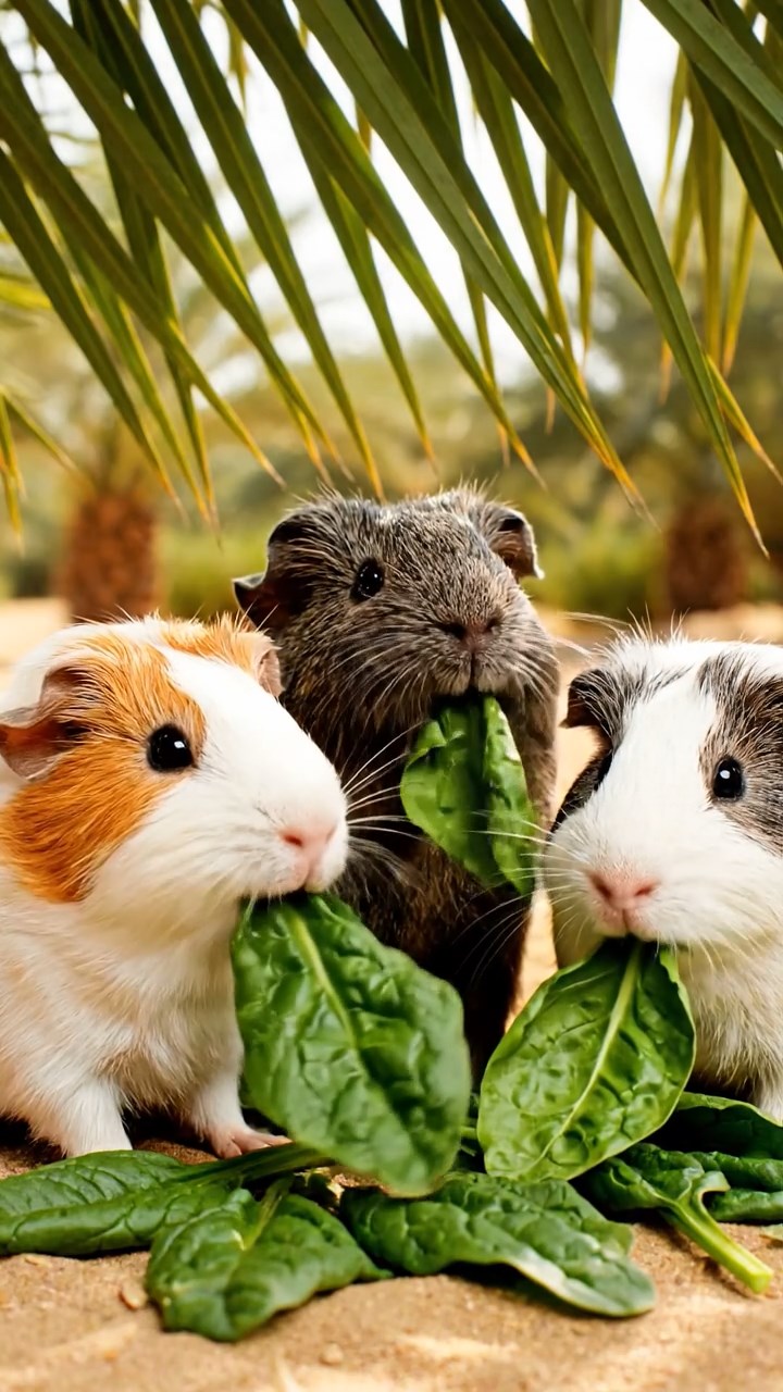 1873. Realistic image of 3 smooth-haired Peruvian guinea pigs with white, orange, and gray fur, munching on spinach leaves, under a palm oasis shade.