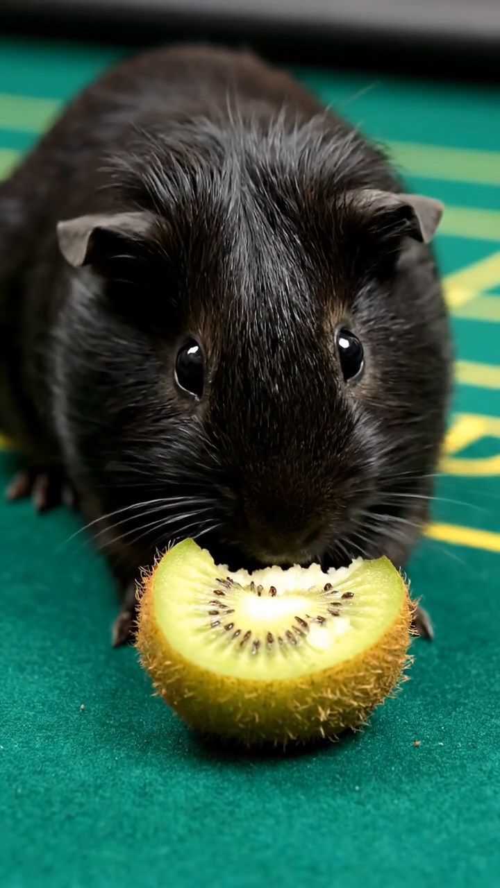1874. Highly detailed view of 1 smooth-haired Silkie guinea pig with black fur, eating kiwi peels, on a casino game table.