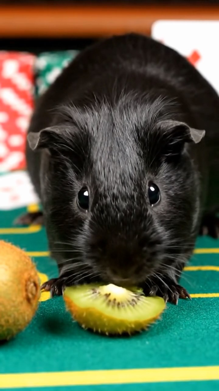 1874. Highly detailed view of 1 smooth-haired Silkie guinea pig with black fur, eating kiwi peels, on a casino game table.