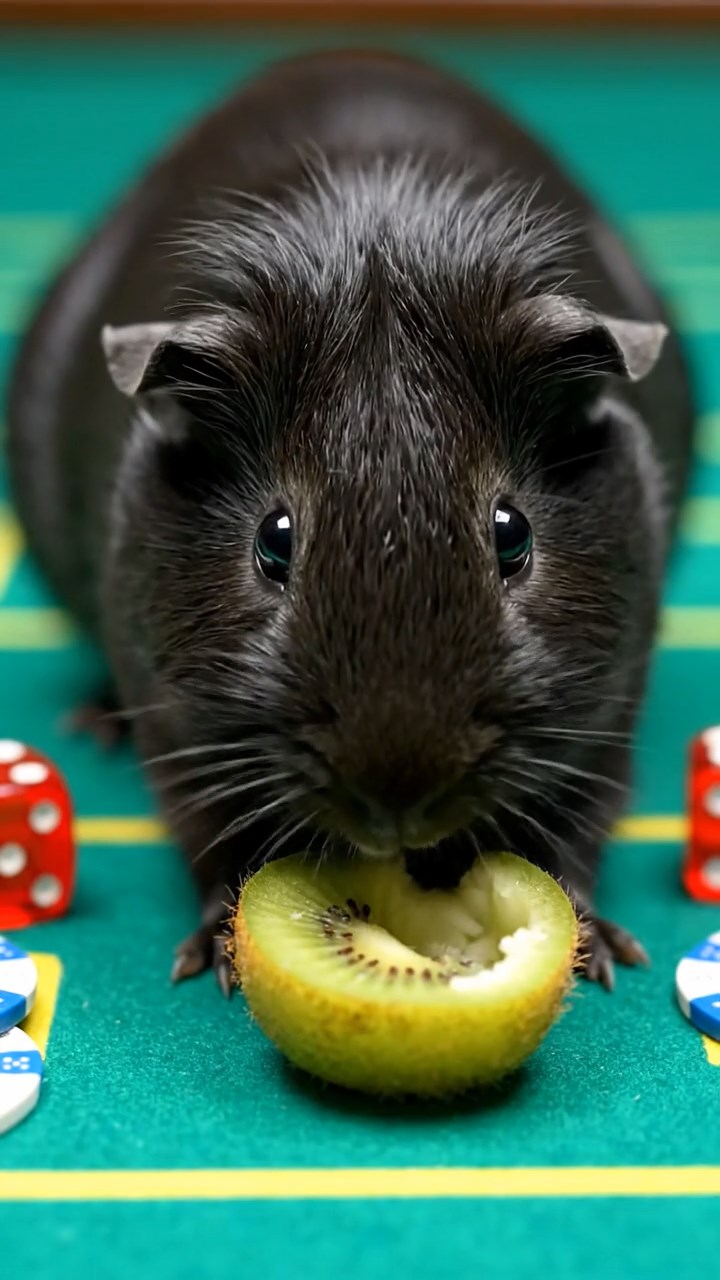 1874. Highly detailed view of 1 smooth-haired Silkie guinea pig with black fur, eating kiwi peels, on a casino game table.