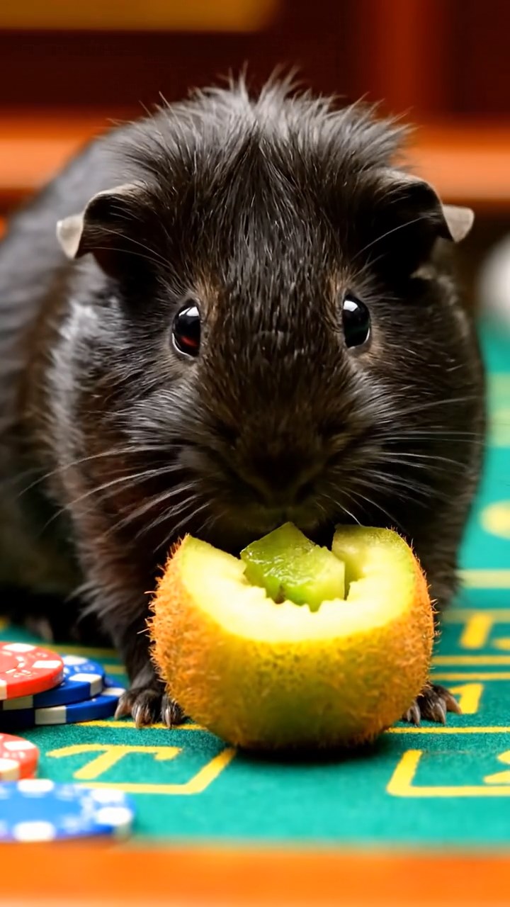 1874. Highly detailed view of 1 smooth-haired Silkie guinea pig with black fur, eating kiwi peels, on a casino game table.