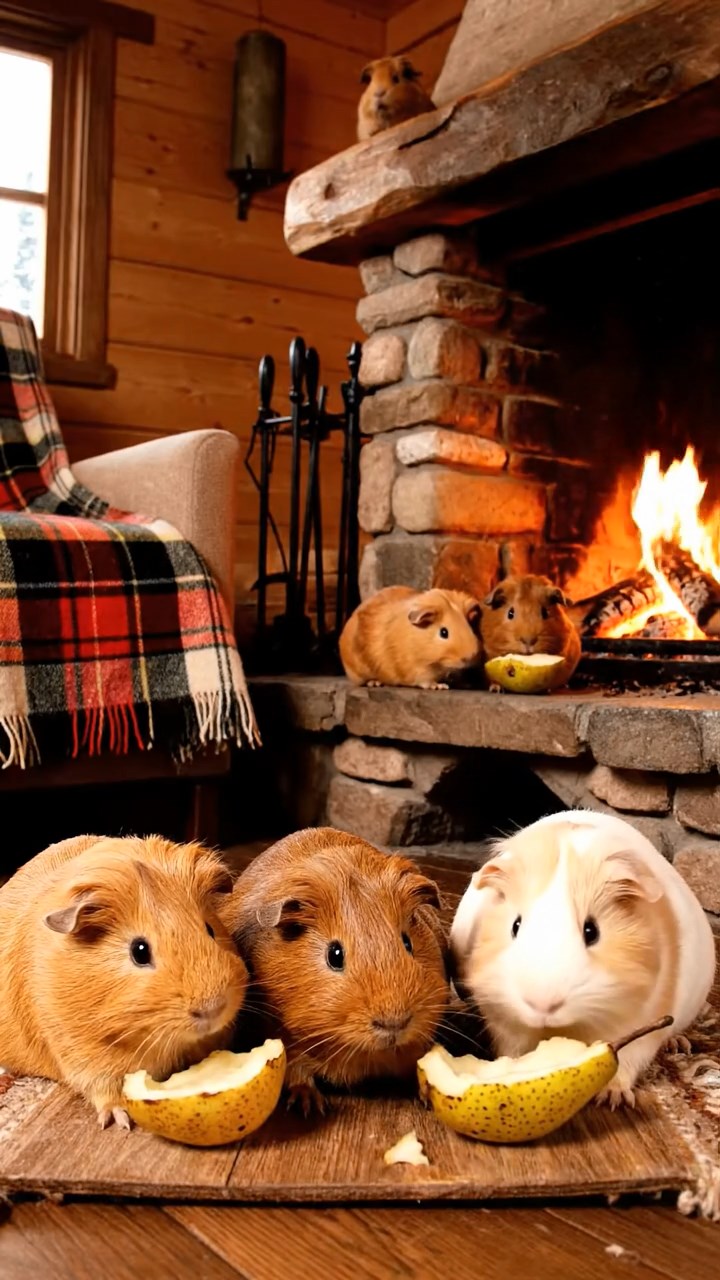 1875. Photorealistic scene of 5 smooth-haired Teddy guinea pigs in brown, cream, and fawn colors, nibbling on pear skins, in a ski cabin by the fire.