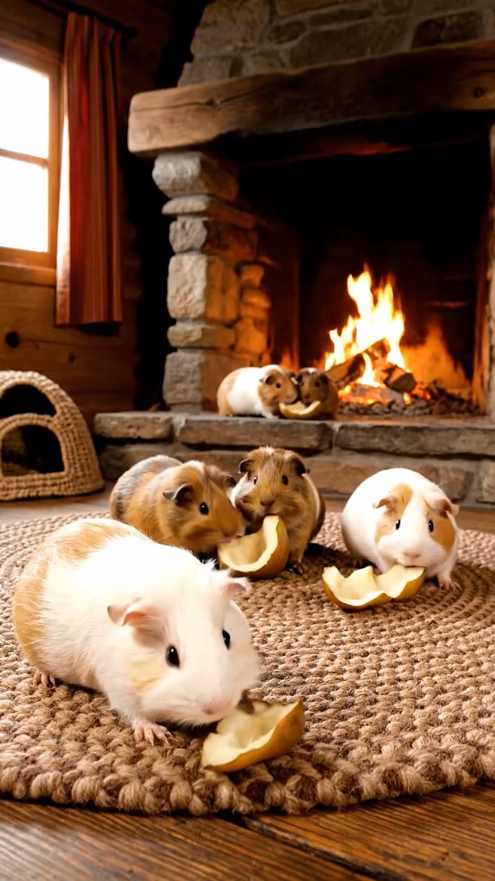 1875. Photorealistic scene of 5 smooth-haired Teddy guinea pigs in brown, cream, and fawn colors, nibbling on pear skins, in a ski cabin by the fire.
