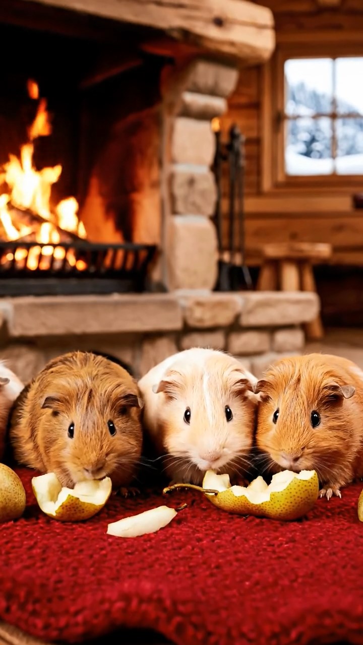 1875. Photorealistic scene of 5 smooth-haired Teddy guinea pigs in brown, cream, and fawn colors, nibbling on pear skins, in a ski cabin by the fire.