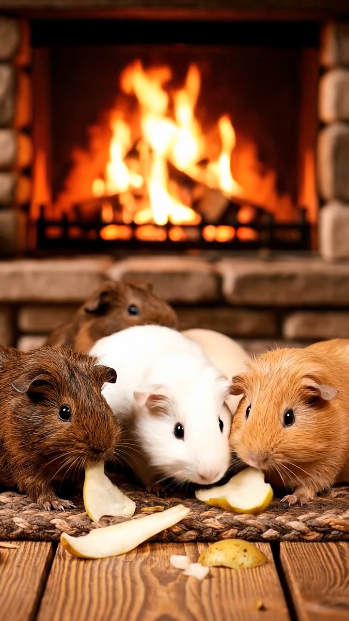 1875. Photorealistic scene of 5 smooth-haired Teddy guinea pigs in brown, cream, and fawn colors, nibbling on pear skins, in a ski cabin by the fire.