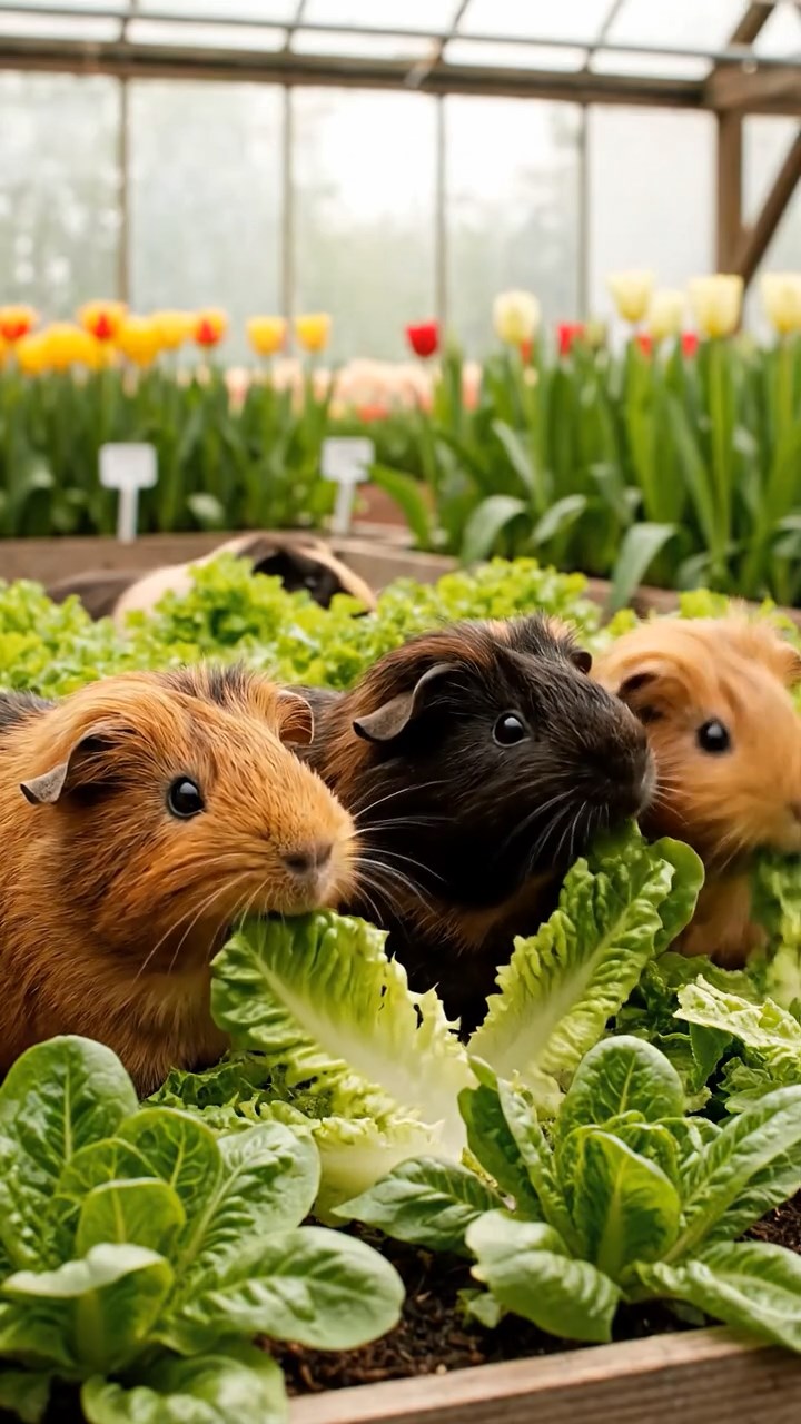 1876. Realistic depiction of 4 smooth-haired Texel guinea pigs with chocolate, cinnamon, and sable fur, chewing on romaine salads, among tulip greenhouse beds.