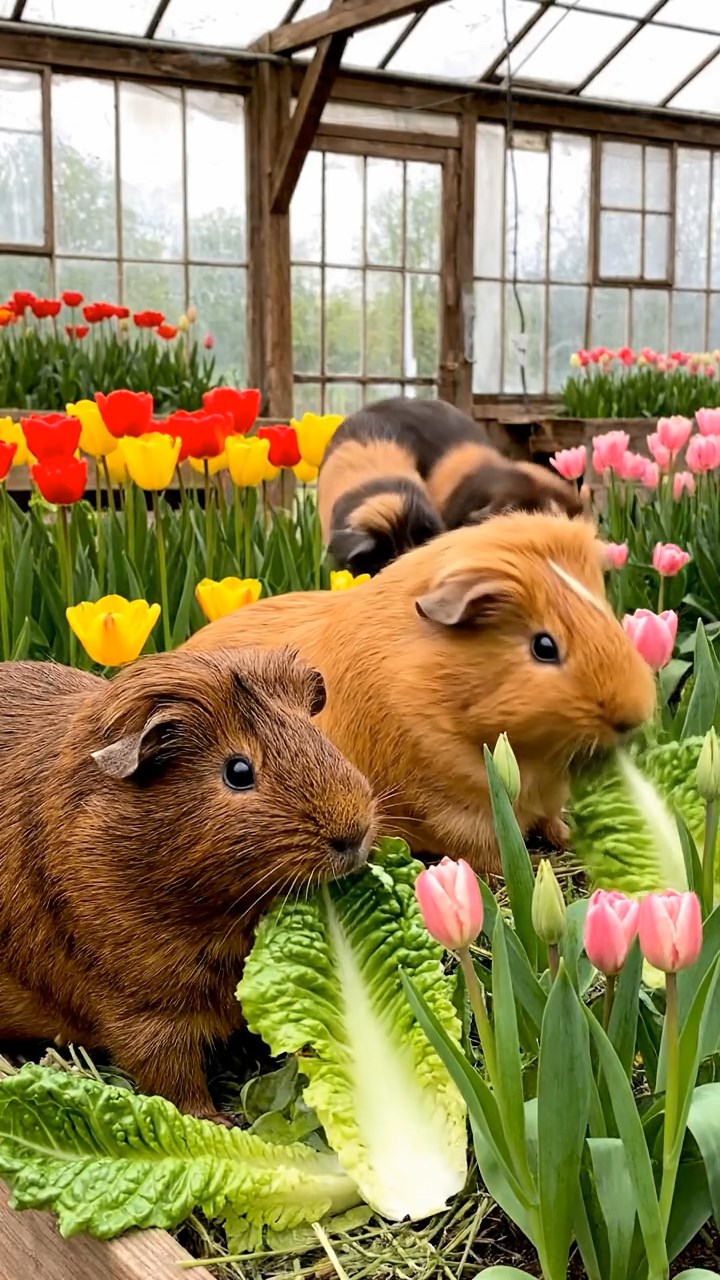 1876. Realistic depiction of 4 smooth-haired Texel guinea pigs with chocolate, cinnamon, and sable fur, chewing on romaine salads, among tulip greenhouse beds.