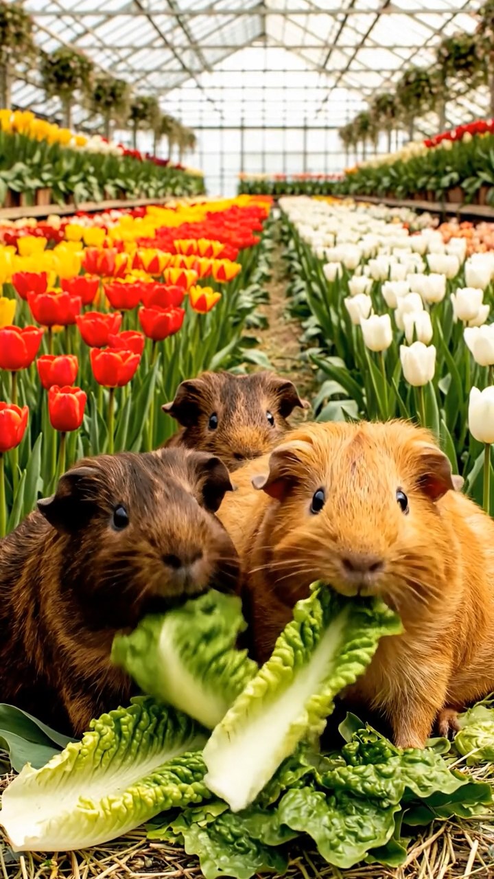1876. Realistic depiction of 4 smooth-haired Texel guinea pigs with chocolate, cinnamon, and sable fur, chewing on romaine salads, among tulip greenhouse beds.