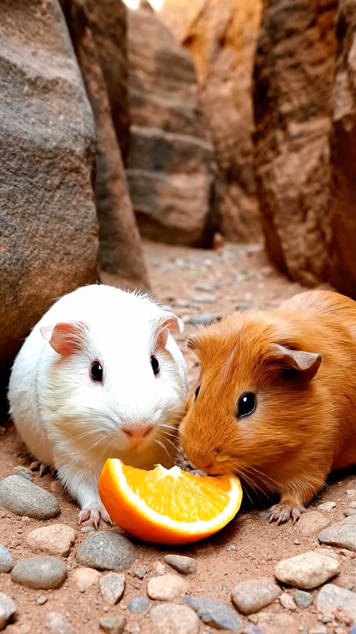 1877. Detailed photo of 2 smooth-haired Rex guinea pigs featuring white and orange coats, sharing orange slices, along a tight canyon trail.