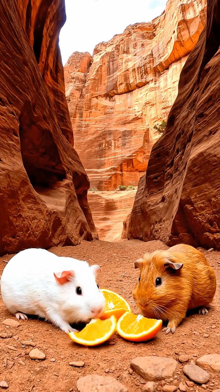 1877. Detailed photo of 2 smooth-haired Rex guinea pigs featuring white and orange coats, sharing orange slices, along a tight canyon trail.
