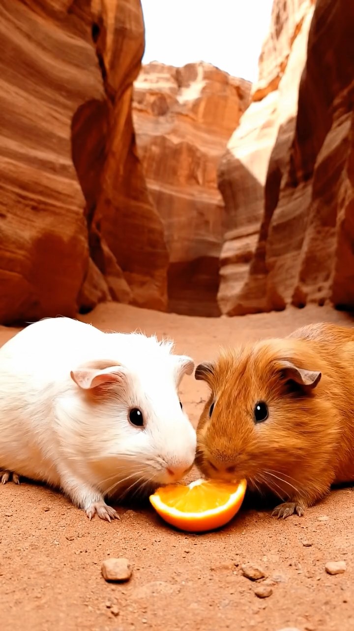 1877. Detailed photo of 2 smooth-haired Rex guinea pigs featuring white and orange coats, sharing orange slices, along a tight canyon trail.