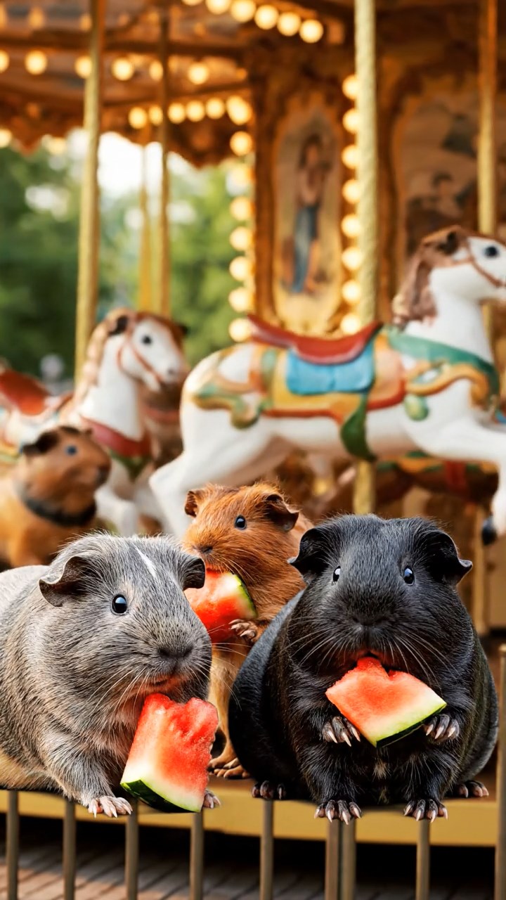 1878. Photorealistic image of 3 smooth-haired Coronet guinea pigs with gray, black, and brown fur, munching on watermelon chunks, on a park carousel ride.