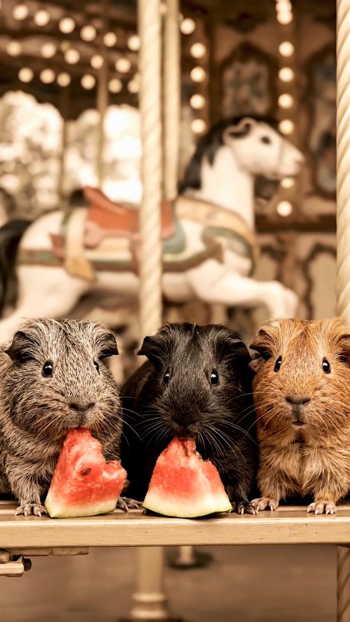 1878. Photorealistic image of 3 smooth-haired Coronet guinea pigs with gray, black, and brown fur, munching on watermelon chunks, on a park carousel ride.
