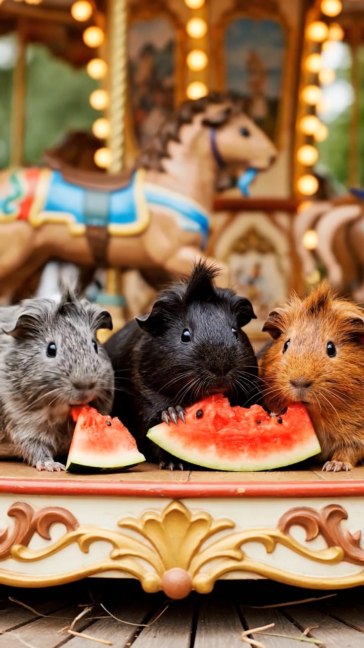 1878. Photorealistic image of 3 smooth-haired Coronet guinea pigs with gray, black, and brown fur, munching on watermelon chunks, on a park carousel ride.