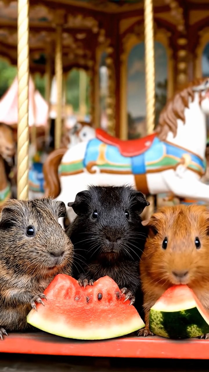 1878. Photorealistic image of 3 smooth-haired Coronet guinea pigs with gray, black, and brown fur, munching on watermelon chunks, on a park carousel ride.